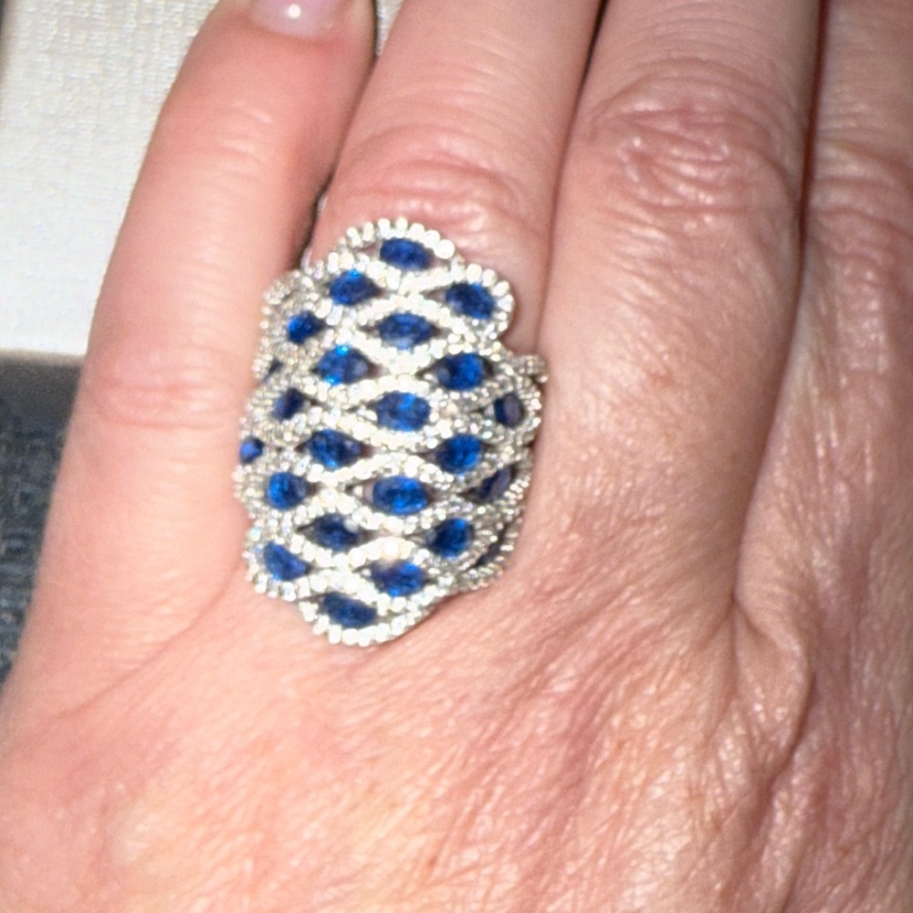 Art Deco Silver and Blue Lattice Ring